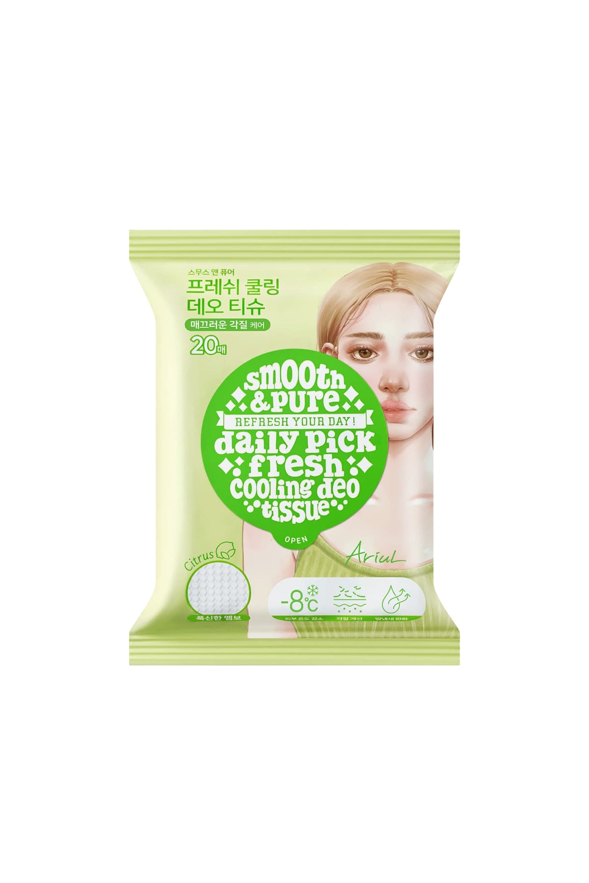 Ariul Smooth & Pure Fresh Cooling Deo Tissue (20 pcs) - Cilt Serinletici, Turunçgil Kokulu & Multi Fonksiyonel Vegan Deodorant Mendil